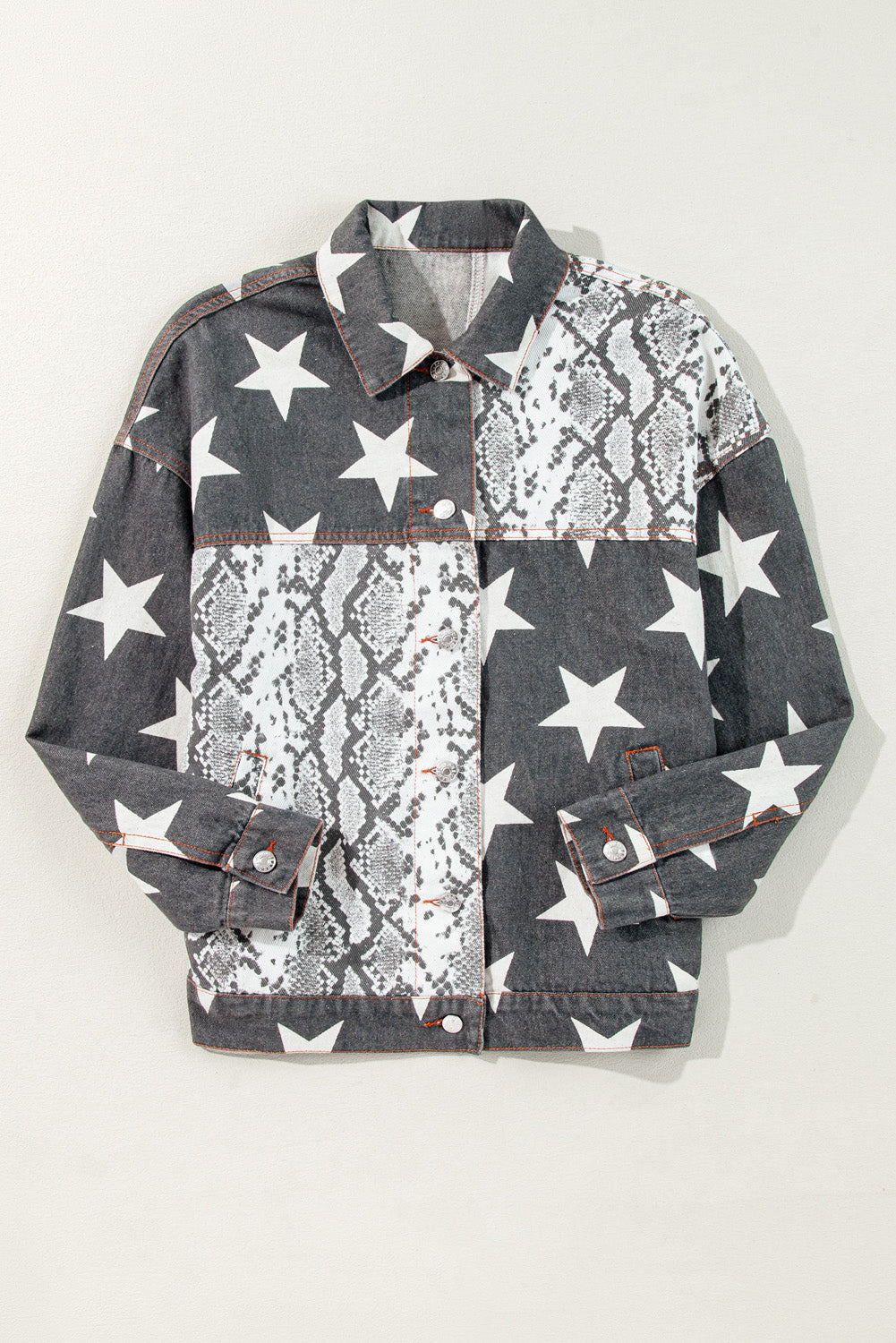 Star Snakeskin Printed Patchwork Denim Jacket | Black