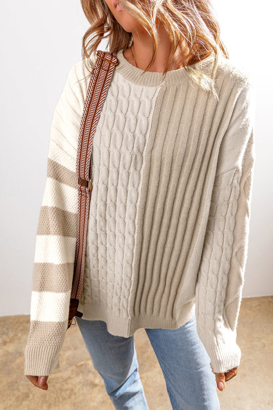 Khaki Cable Knit Colorblock Crew Neck Drop Shoulder Sweater