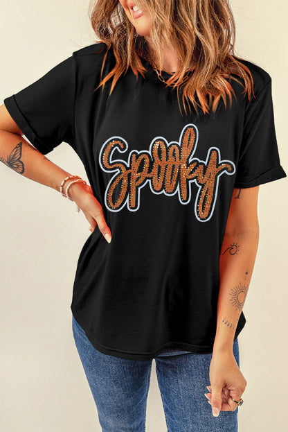 Spooky Rhinestone Crew Neck Graphic Tee | Black