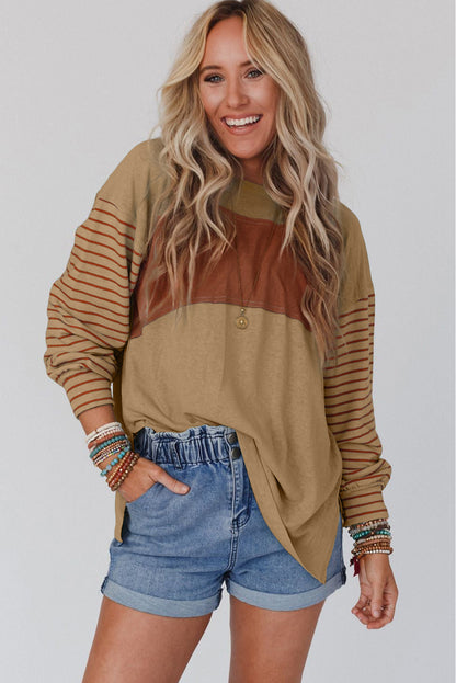 Light French Beige Colourblock Striped Bishop Sleeve Top | Flaxen