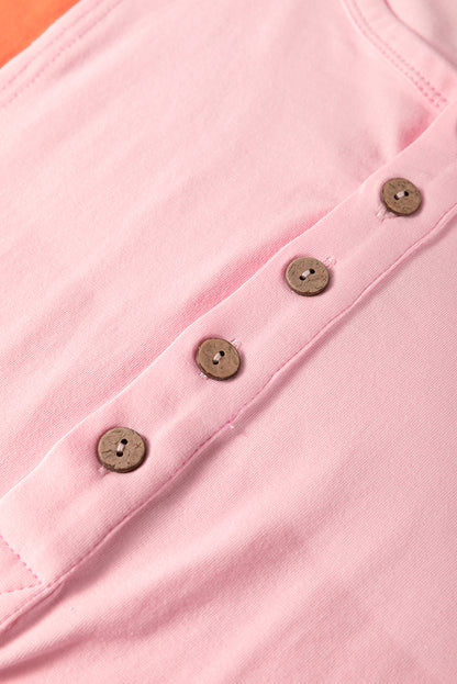 Colourblock Long Sleeve Buttons Henley Top | Pink