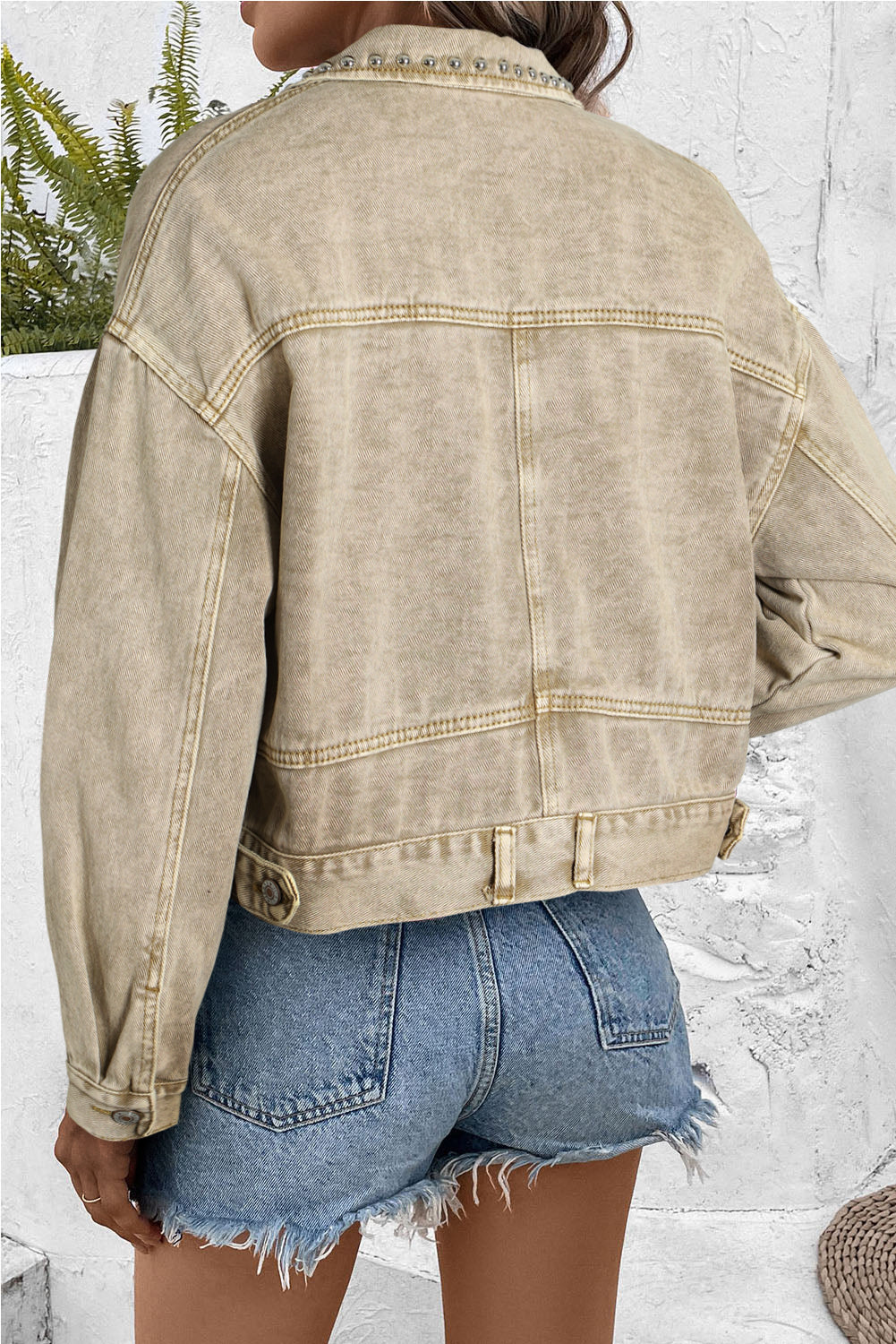 Light French Beige Rivet Studded Pocketed Denim Jacket | Flaxen