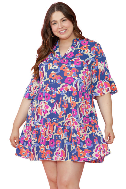 Plus Size Floral Print Ruffled 3/4 Sleeve Mini Dress | Blue