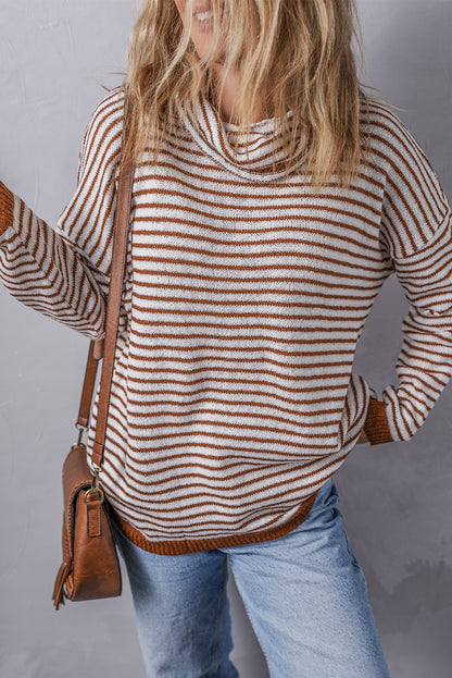 Striped Turtleneck Loose Sweater | Brown