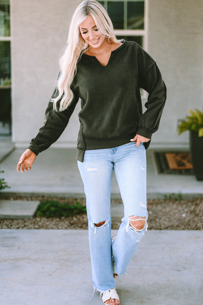 Expose Seam Detail Split Neck Long Sleeve Top | Green