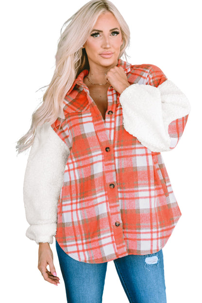 Fiery  Sherpa Sleeve Plaid Print Shacket | Red