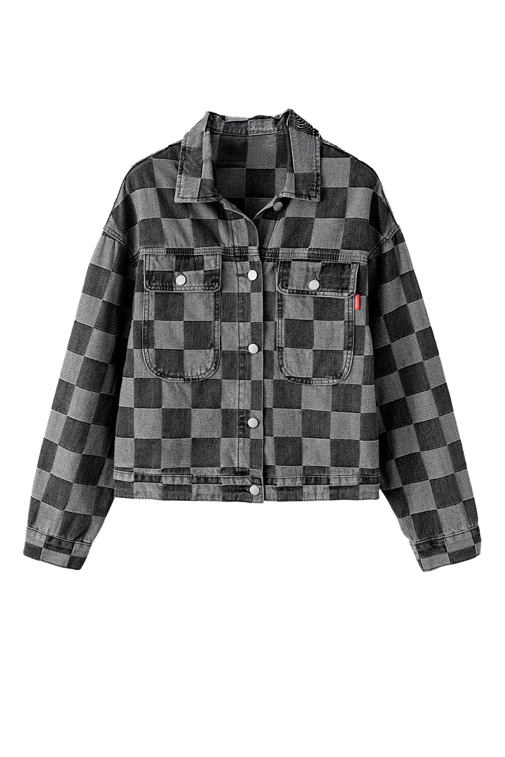 Checkered Patchwork Button Up Denim Jacket | Black