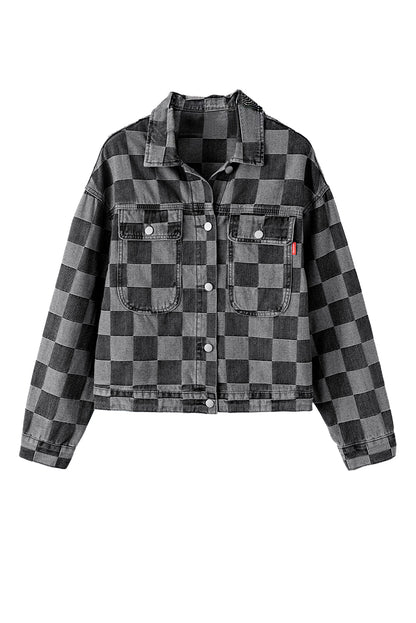 Checkered Patchwork Button Up Denim Jacket | Black