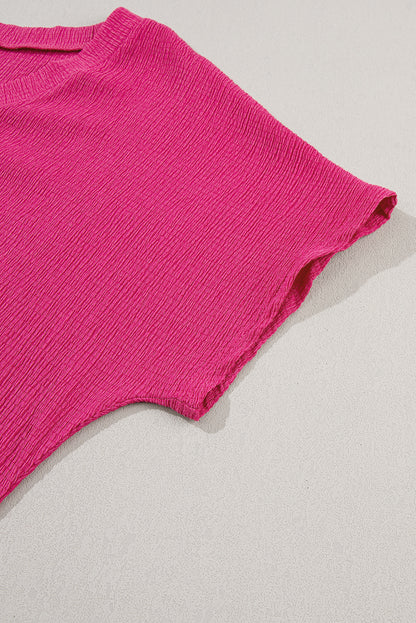 Crinkled V Neck Wide Sleeve T-Shirt | Bright Pink