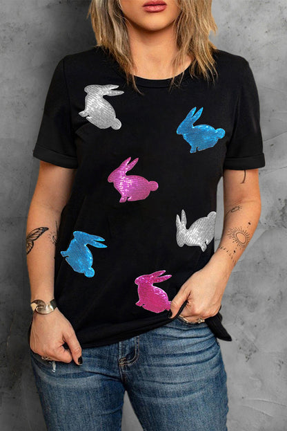 Glitter Easter Bunny Round Neck T-Shirt | Black