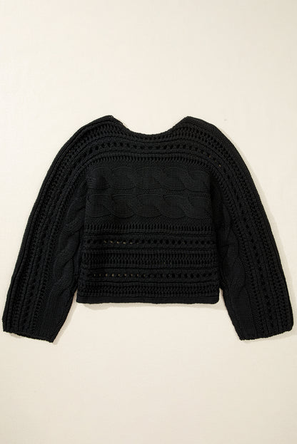 Hollow-Out Cable Knit Cropped Sweater | Black