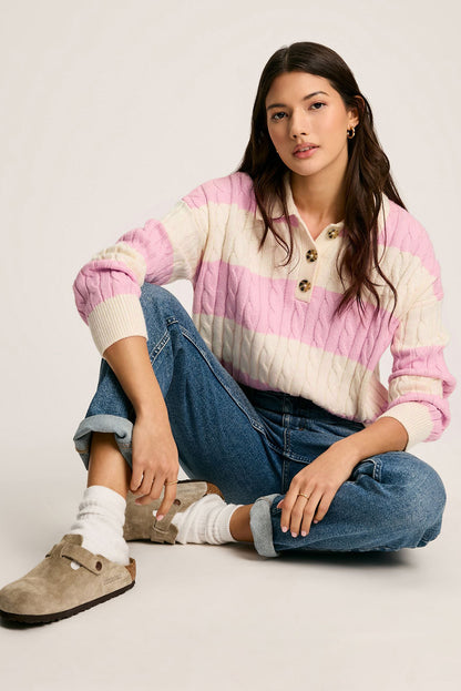 Cable Knit Collared Henley Sweater | Pink Stripe