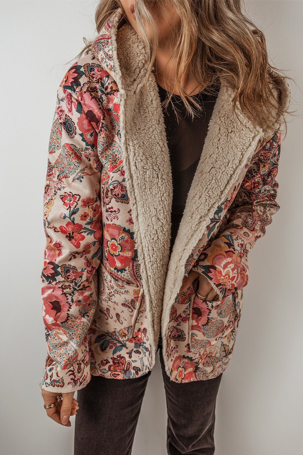 Vintage Paisley Floral Printed Sherpa Lined Hooded Jacket | Beige