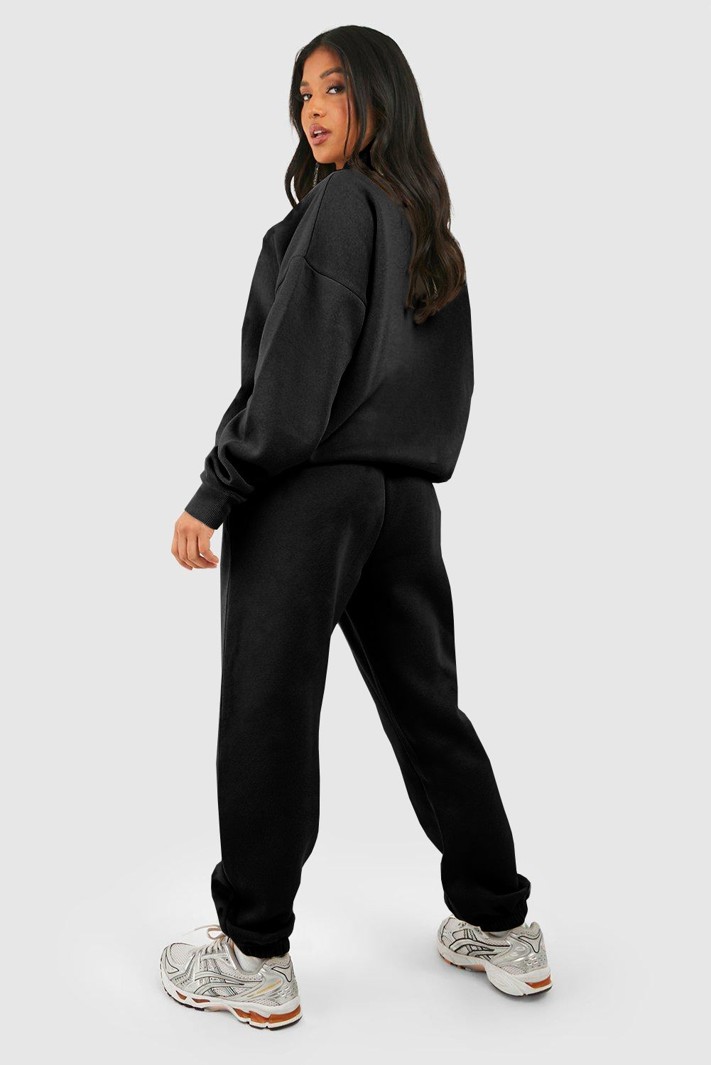 Plain Half Zip V Neck Ribbed Edge Loose Tracksuit | Black