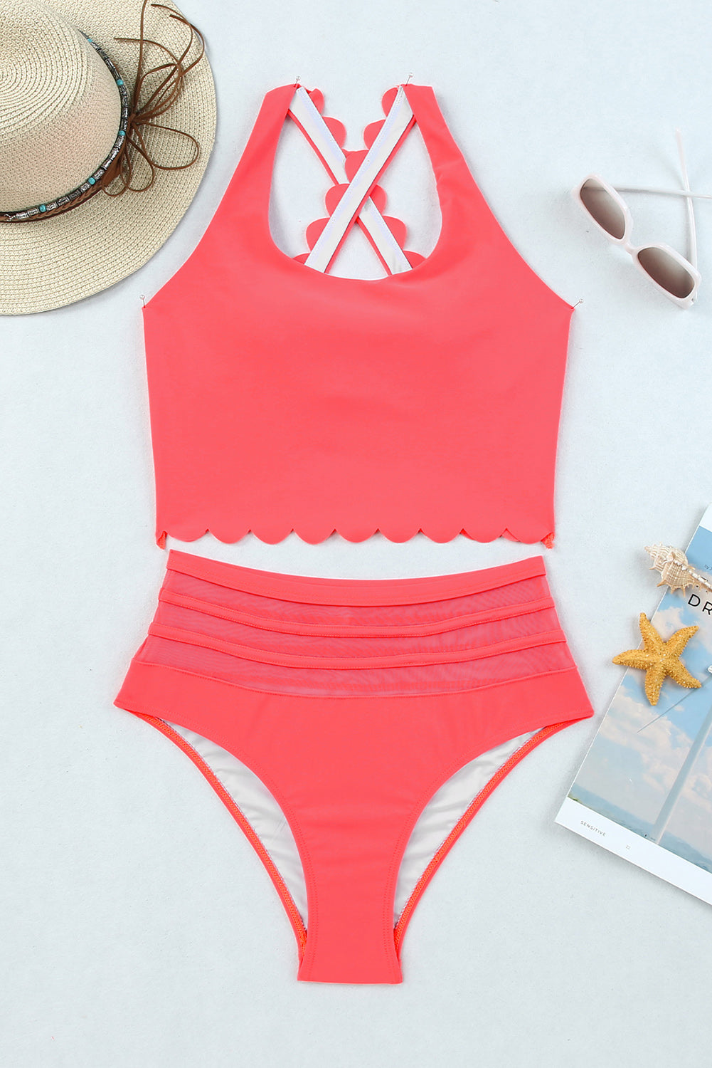 Scalloped Criss Cross High Waist Bikini | Pink