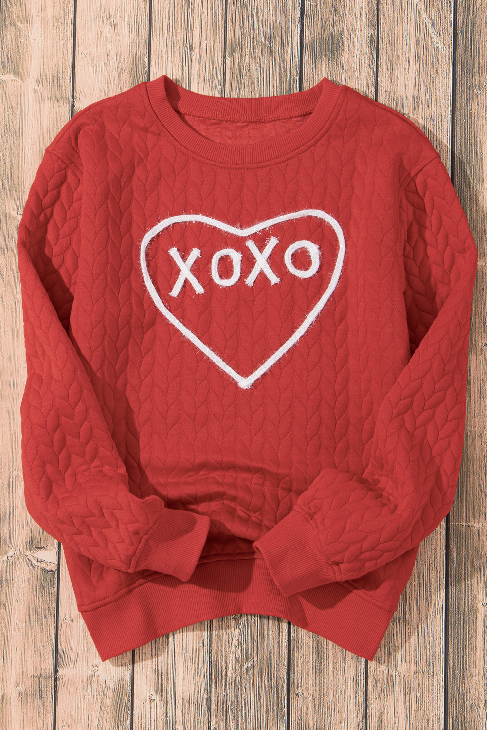 Heart Xoxo Chenille Embroidered Textured Sweatshirt | Racing Red