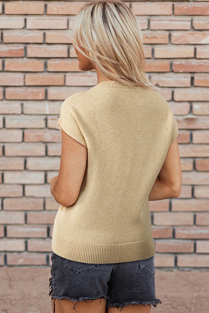 Solid Colour Ribbed Trim Short Sleeve Sweater | Parchment