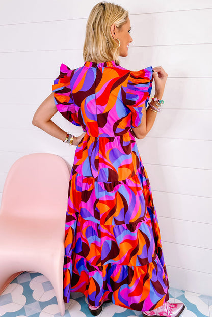 Plus Abstract Print Ruffled Mock Neck Tiered Maxi Dress | Multicolour