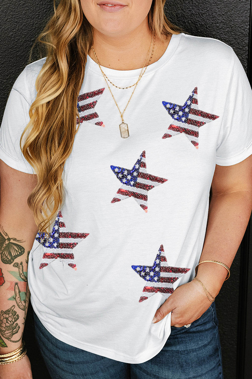 Sequin American Flag Star Pattern Plus Size Tee | White