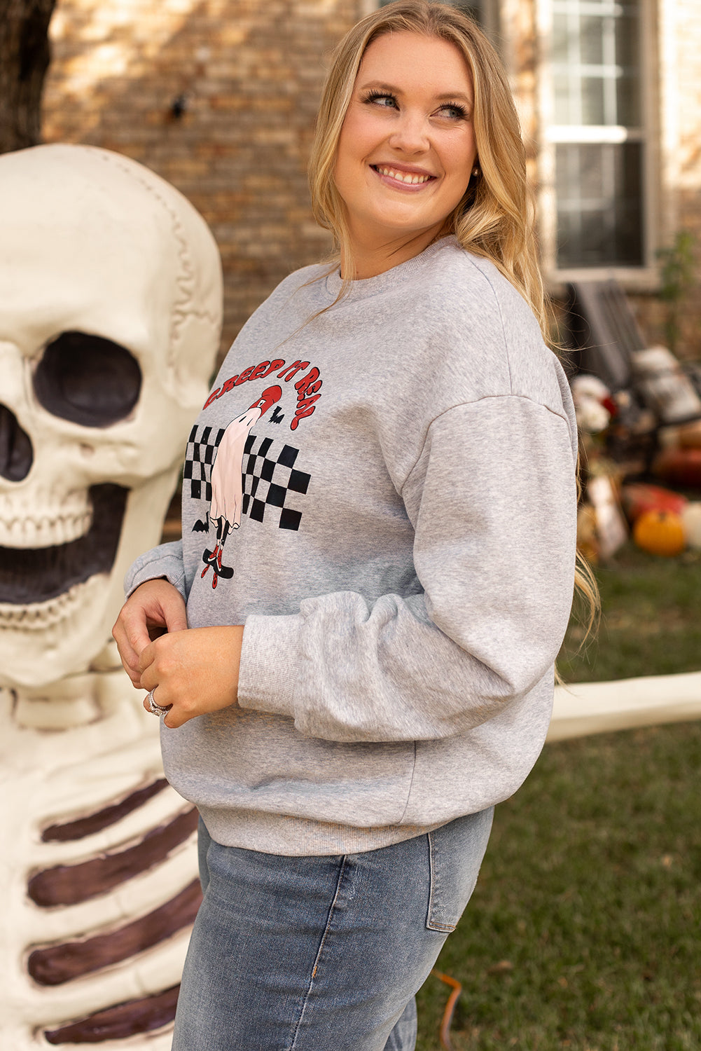 Creep It Real Ghost Print Plus Size Sweatshirt | Light Grey