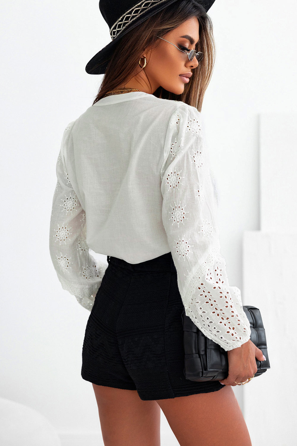 Eyelet Lace Puff Sleeve Split Neck Blouse | White