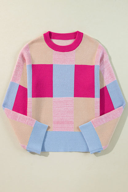 Colour Block Drop Shoulder Crewneck Loose Fit Sweater | Rose Red