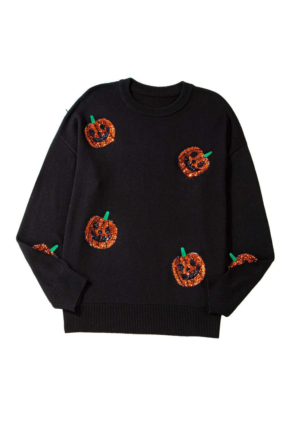 Plus Size Halloween Sequined Pumpkin Pattern Sweater | Black