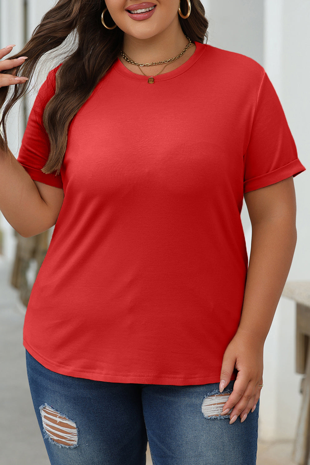 Casual Plain Crew Neck Tee | Red