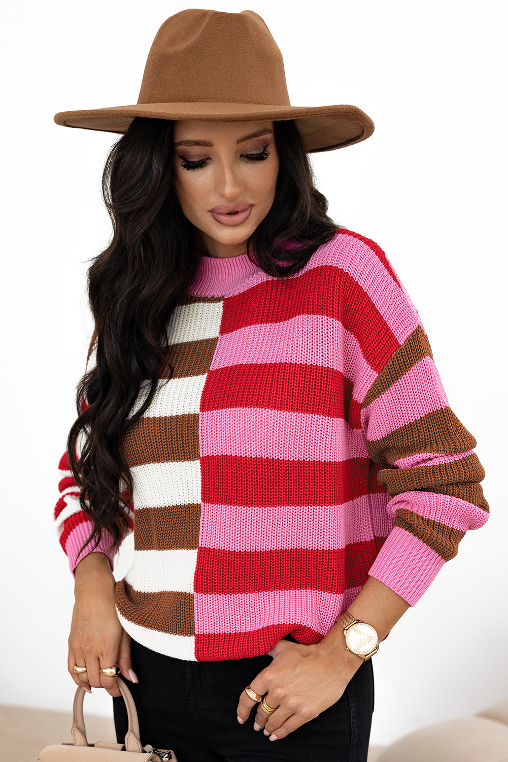 Colour Block High Neck Drop Shoulder Loose Sweater | Pink Stripe