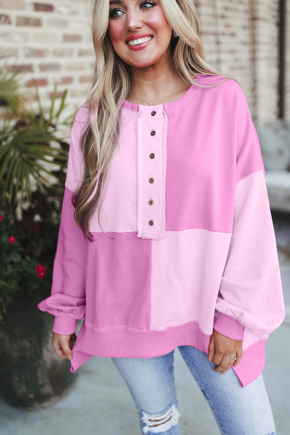 Colourblock Henley High Low Oversize Sweatshirt | Pink