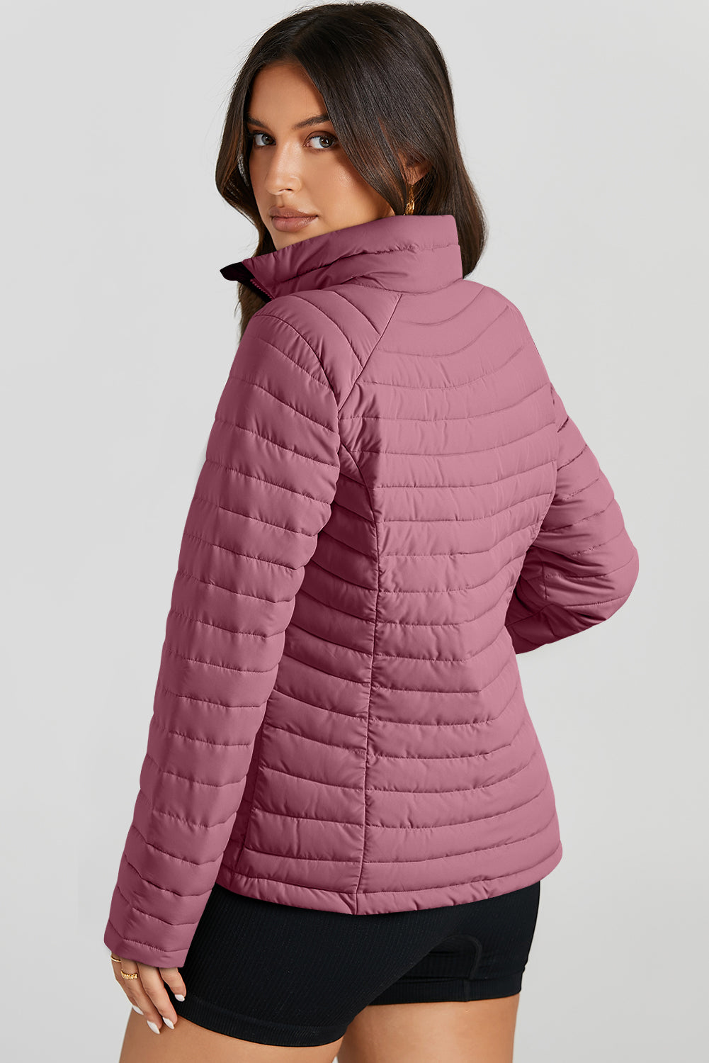 Solid Colour Quilted Zip-Up Puffer Jacket | Burgundy