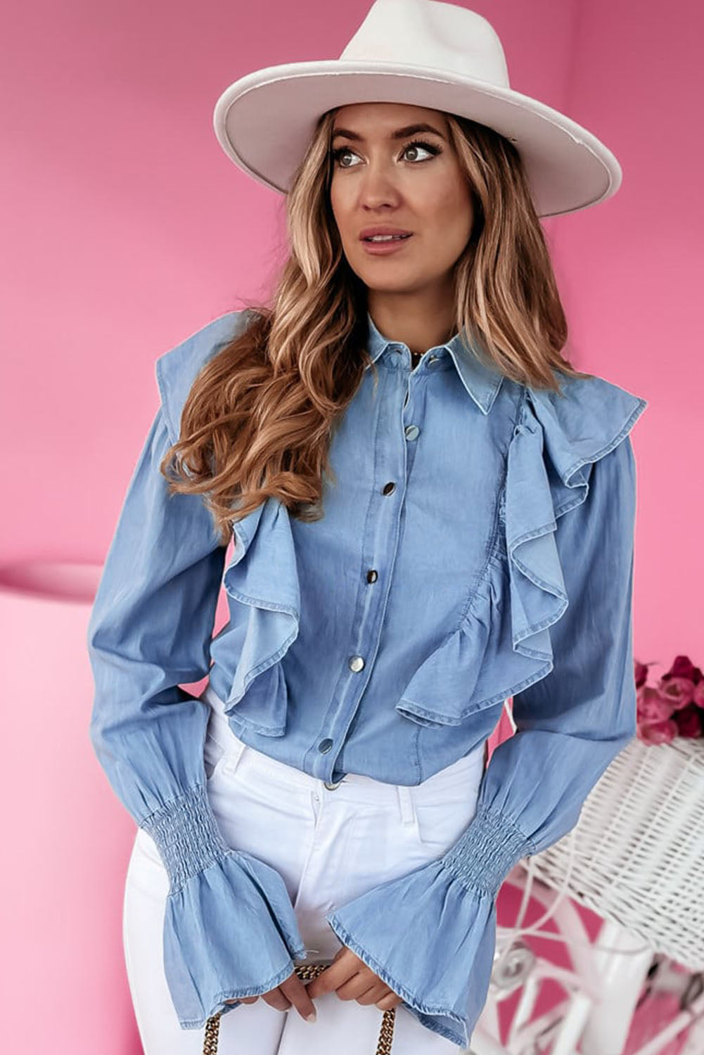 Ruffled Shirred Cuffs Button Up Chambray Shirt | Myosotis