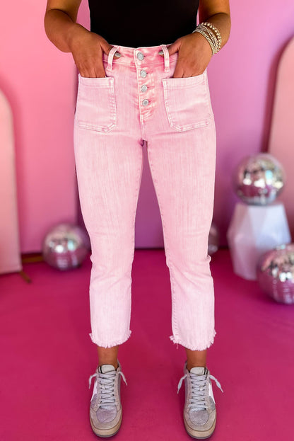 Multi Buttons Raw Edge Crop Jeans | Apricot Pink