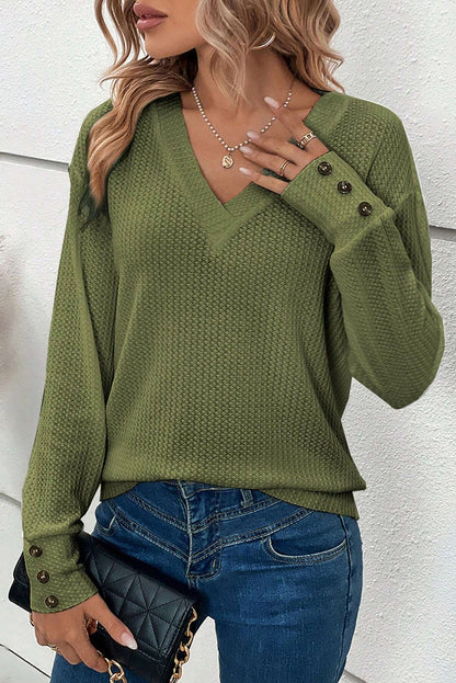 Textured Knit V Neck Button Cuffs Long Sleeve Top | Jungle Green