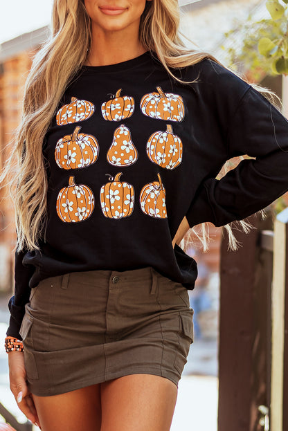 Floral Pumpkin Graphic Round Neck Halloween Sweatshirt | Black