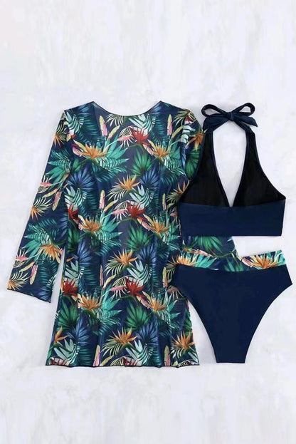 3 Piece Tropical Contrast Trim Halter Bikini Set with Cover Up | Black