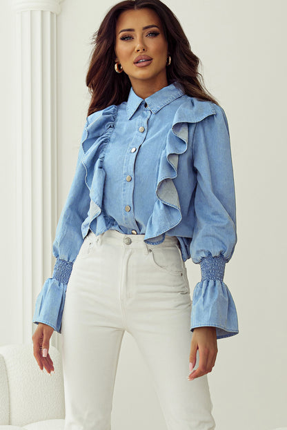 Ruffled Shirred Cuffs Button Up Chambray Shirt | Myosotis