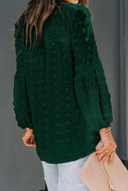 Ruffled Split Neck Lace Hollow Out Puff Sleeve Polka Dot Blouse | Green