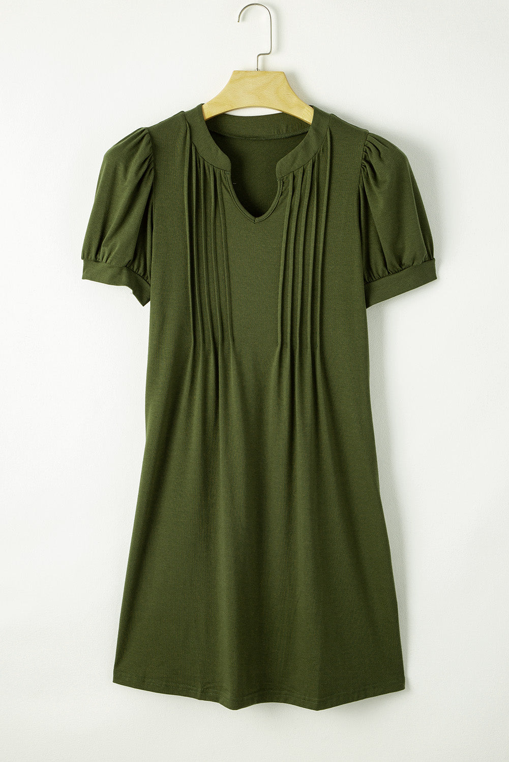 Notched Neck Pleated Puff Sleeve Shift T-Shirt Dress | Fern Green