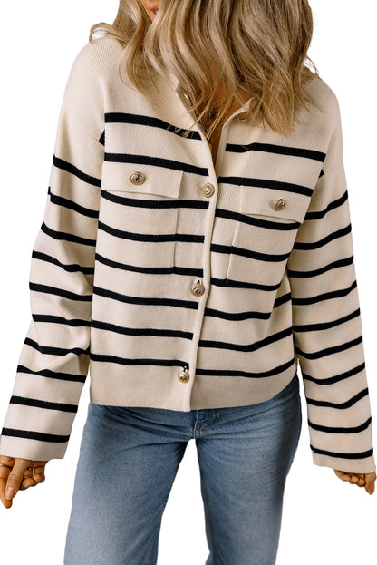 Flap Pocket Buttoned Cardigan Sweater | Black Stripe