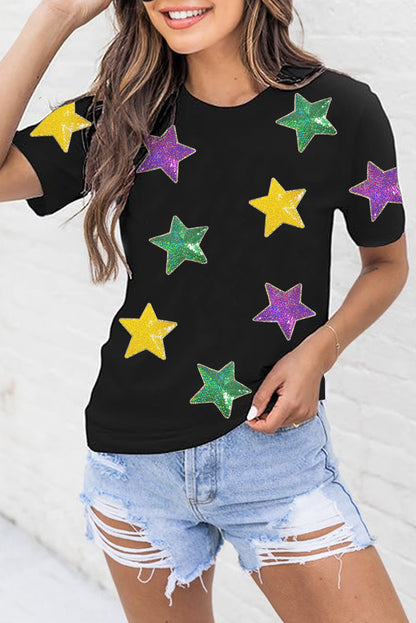 Colourful Sequin Stars Patched Relaxed T Shirt | Black