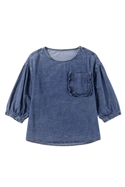 3/4 Sleeve Ruffled Patched Pocket Denim Blouse | Sky Blue