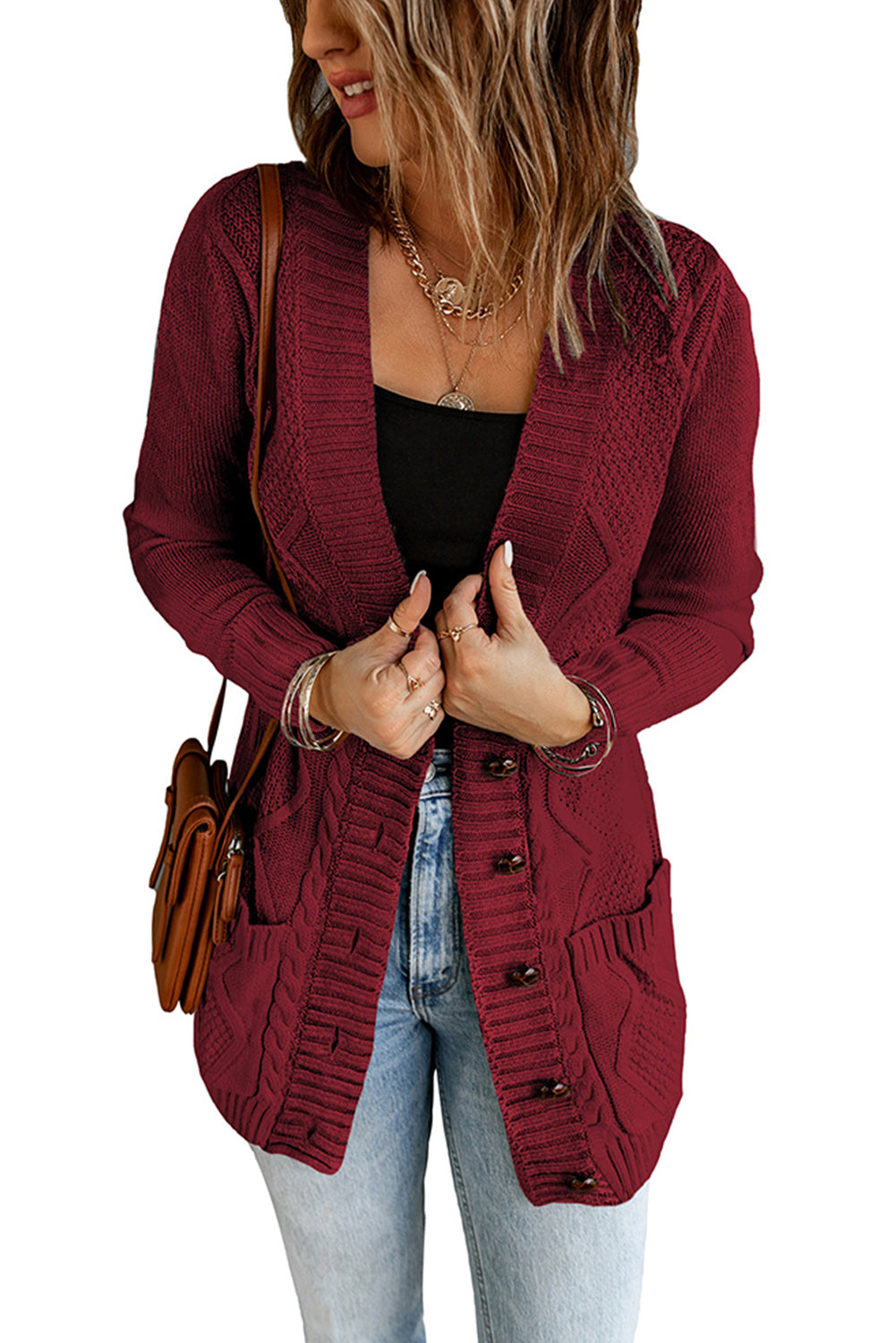 Burgundy Front Pocket And Buttons Closure Cardigan | Red