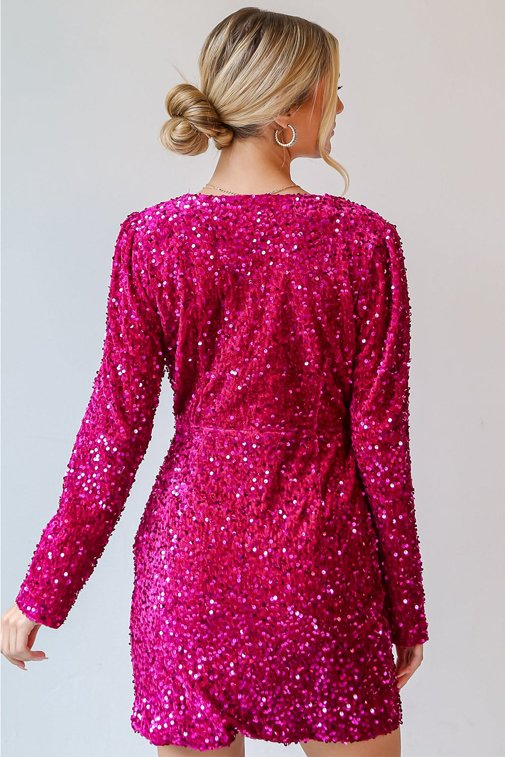 Velvet Sequin Long Sleeve V Neck Wrapped Mini Dress | Pitaya Pink