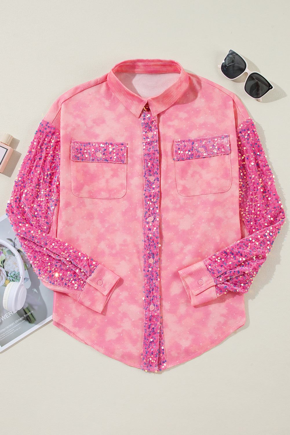 Mineral Wash Sequin Patchwork Flap Pocket Shacket | Apricot Pink