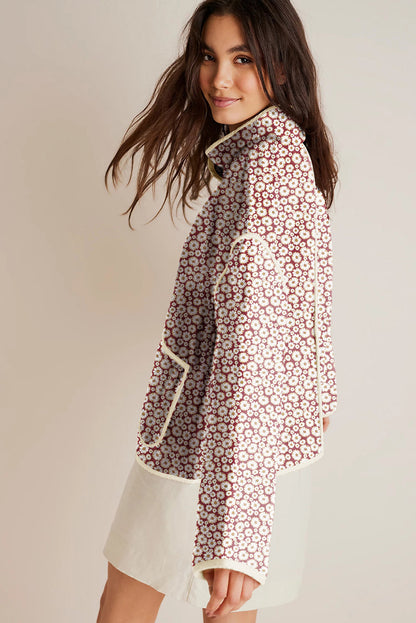 Floral Print Contrast Edge Pocketed Stand Neck Jacket | Pink