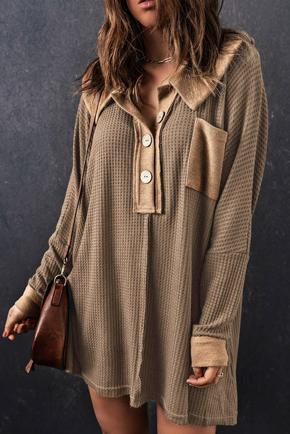 Waffle Knit Buttoned Long Sleeve Top | Brown