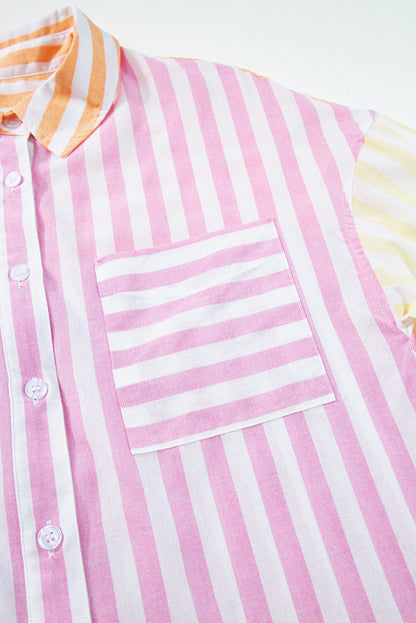 Contrast Collar Long Sleeve Patchwork Shirt | Pink Stripe