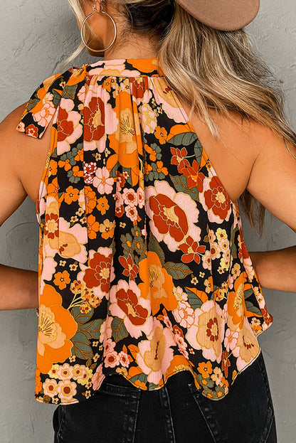 Floral Print Knotted Halter Neck Sleeveless Top | Orange