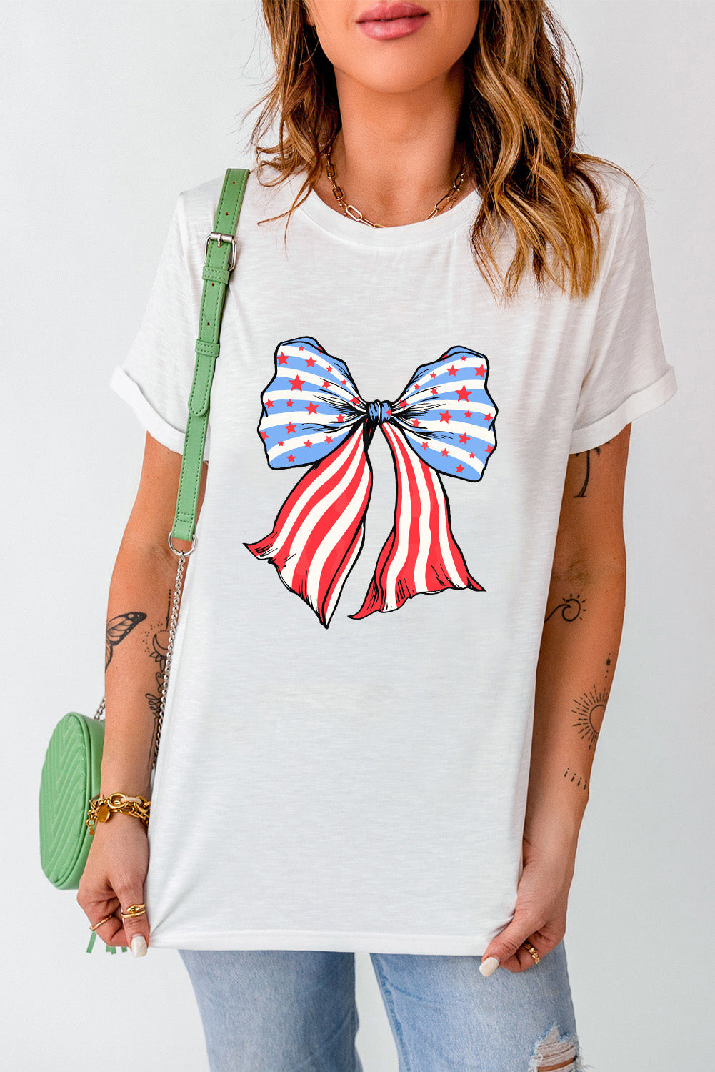 Stripes And Stars Bowknot Print T Shirt | White